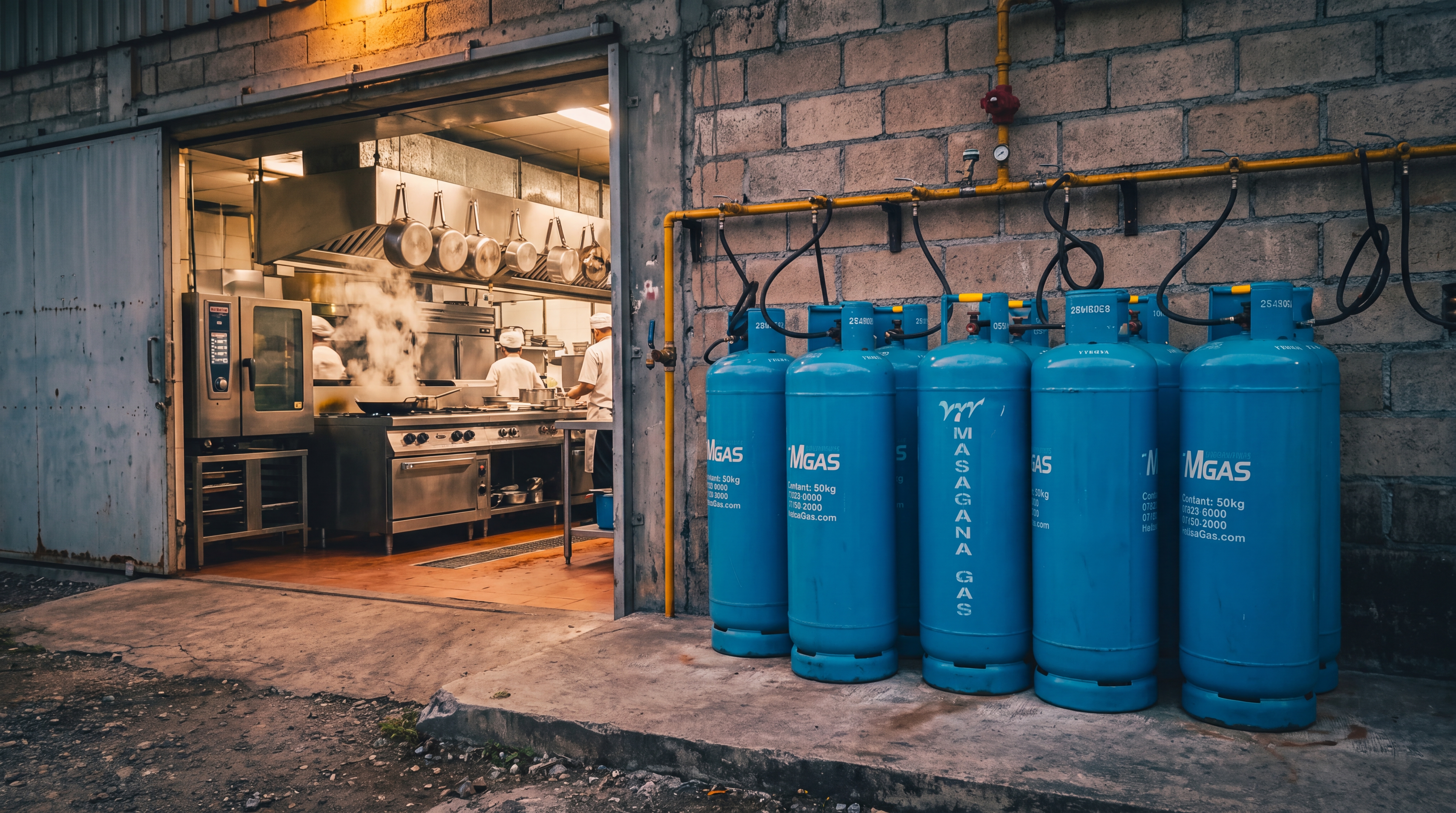 MGAS 50kg cylinders piped into a commercial kitchen