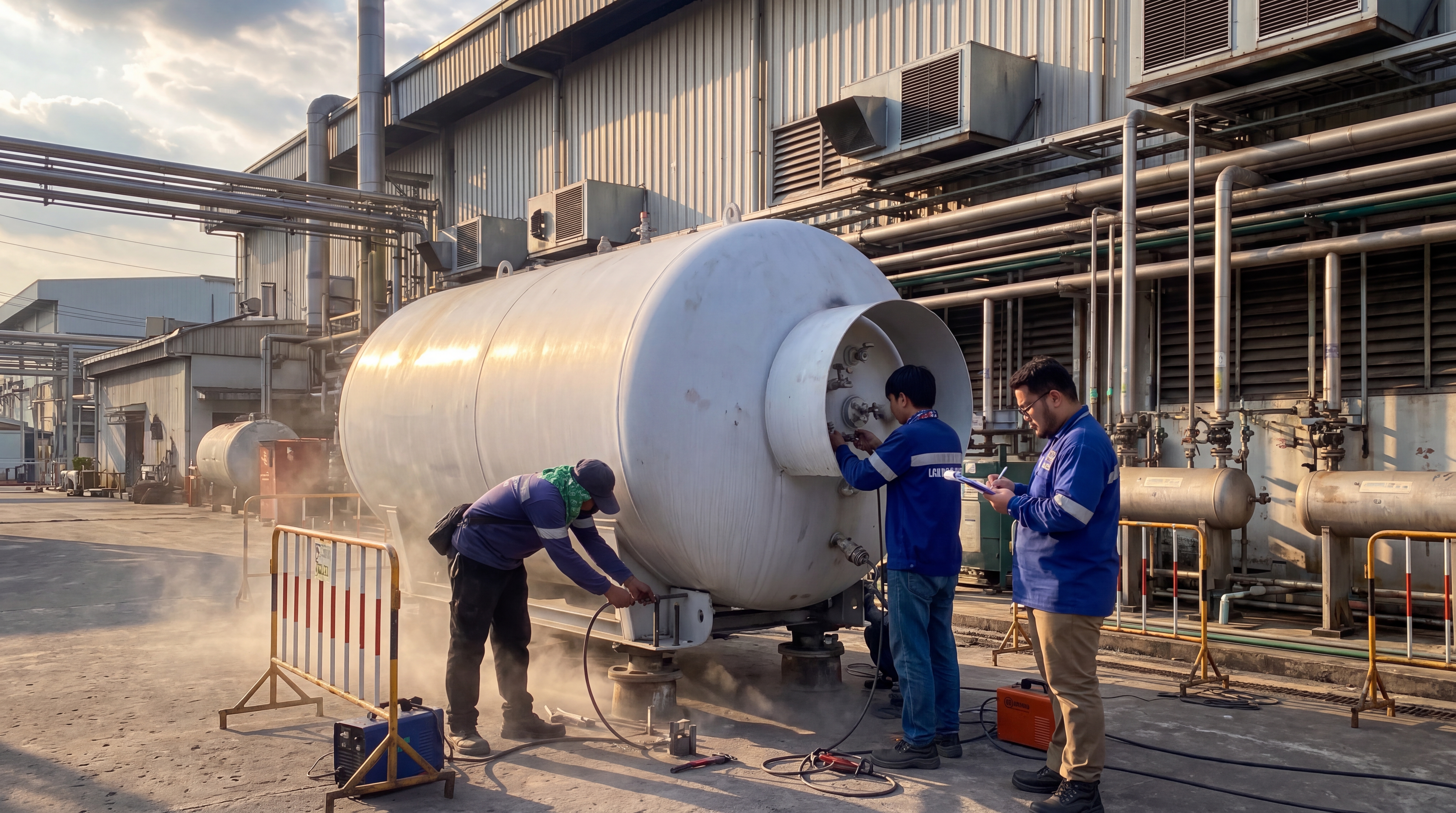 Certified technicians commissioning a bullet tank at a client plant