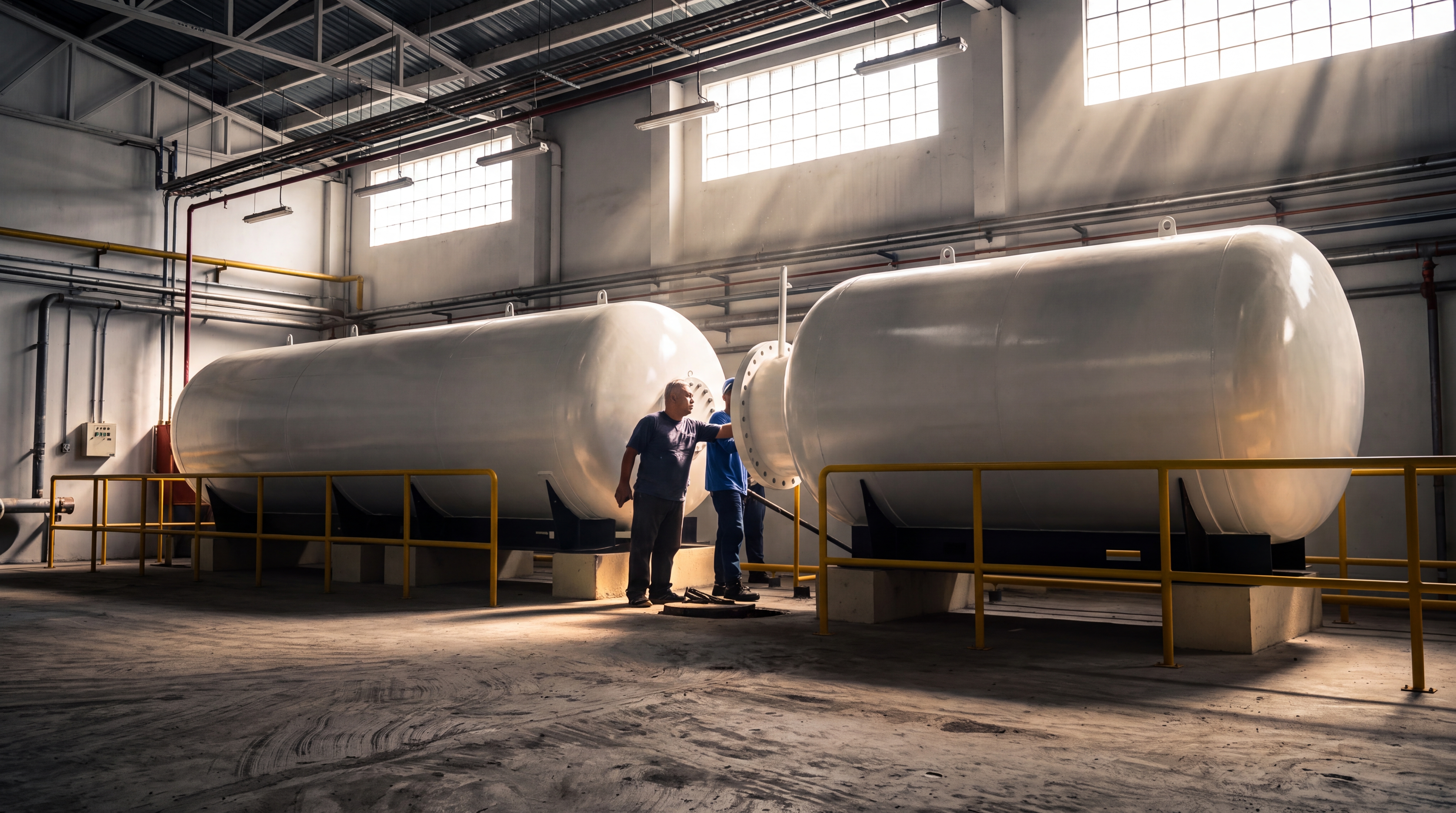 Technicians inspecting storage bullet tanks inside an MGC facility