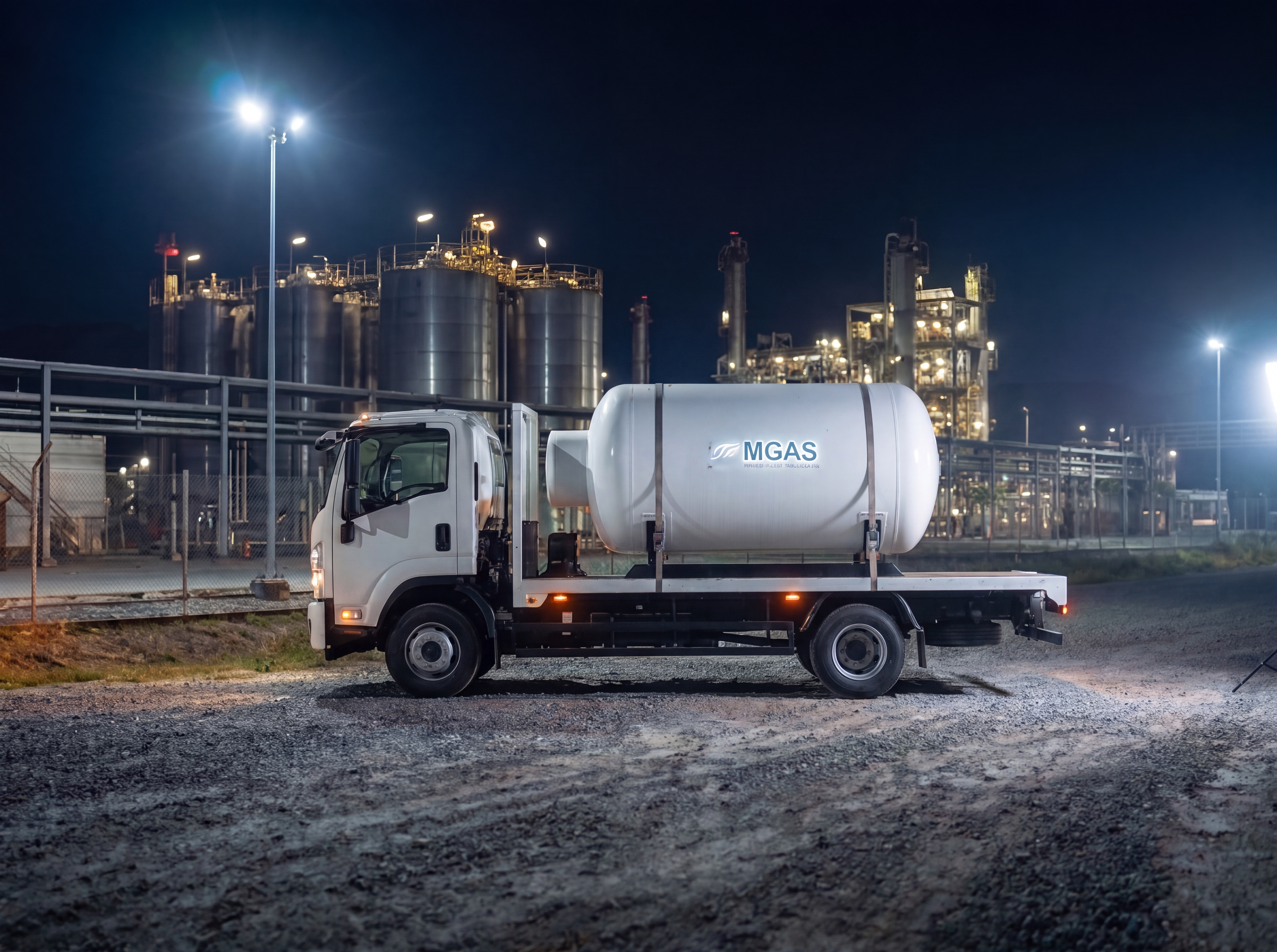 MGAS bobtail delivery truck at a terminal at night