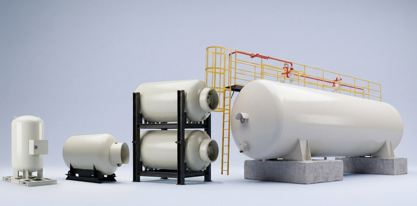 The full MGC range side by side — vertical tank, horizontal tank, banked 50kg cylinders and a bullet tank on a concrete pad